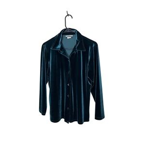 Vintage NOTATIONS PETITE Green Velvet Button Down Long Sleeve Shirt Size Medium